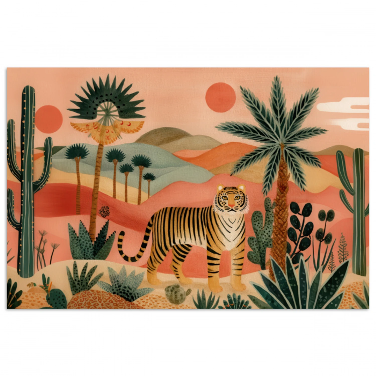 Tijger - Palmen - Cactus - Oranje poster papier klein -3d