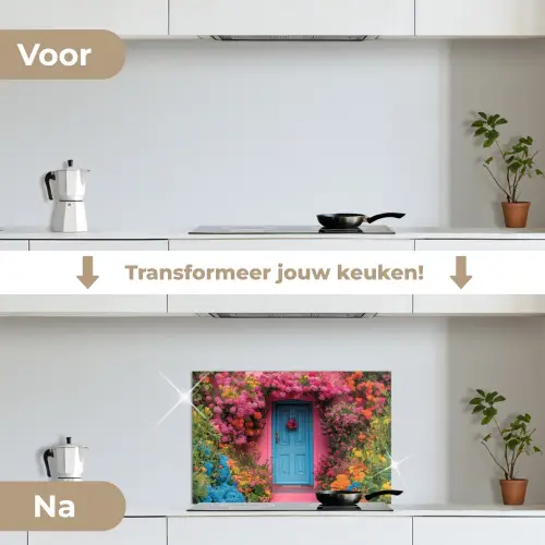 Bloemen - Deur - Roze keuken achterwand spatscherm klein -voor_na_NL