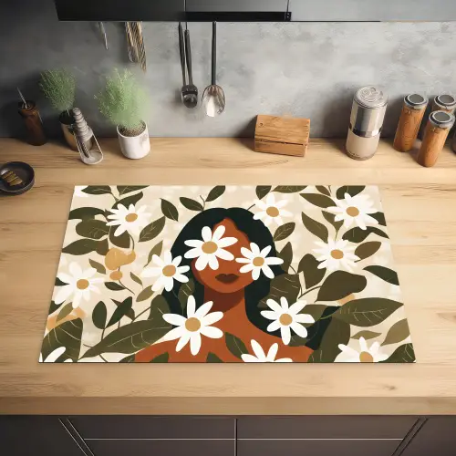 Illustratie - Vrouw - Madeliefjes - Wit Inductie beschermer vinyl 3mm klein -sfeer5
