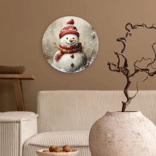 Sneeuwpop - Winter - Sneeuw - Beige Wandcirkel kunststof plaat 5mm dik klein -sfeer1