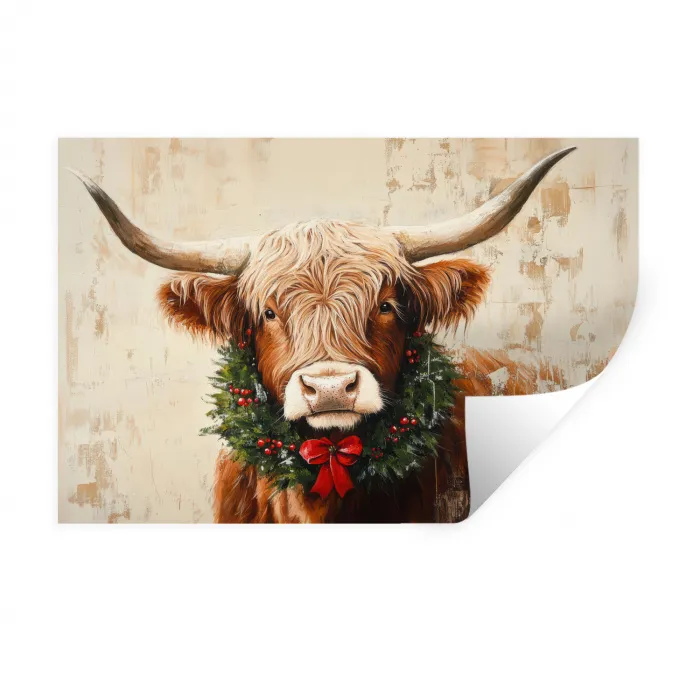 Kerst - Schotse Hooglander - Bruin - Krans Muursticker klein -3d
