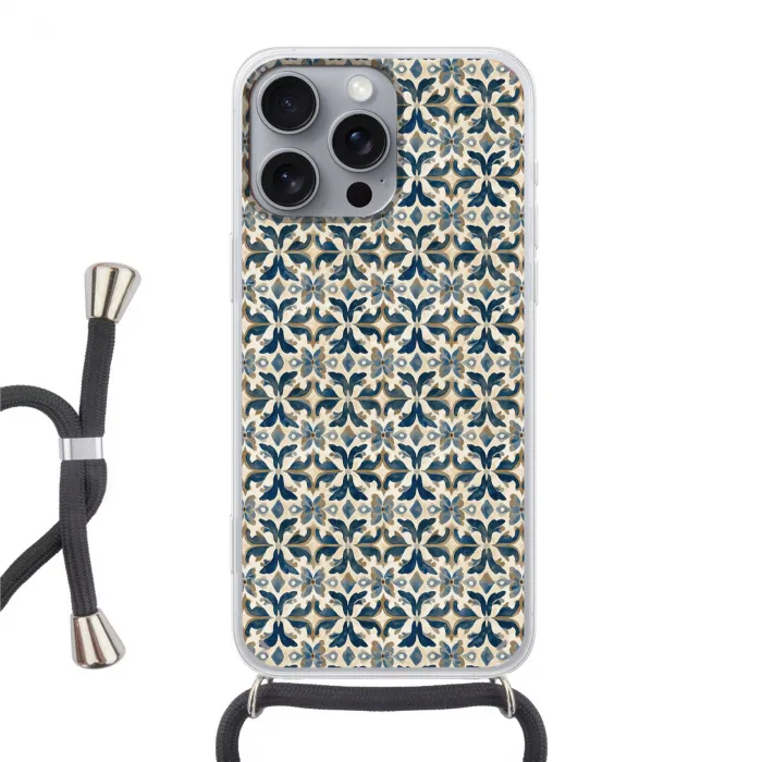 Tegel - Patroon - Blauw - Beige Hoesje iPhone 16 Pro Max met koord klein 804 -3d