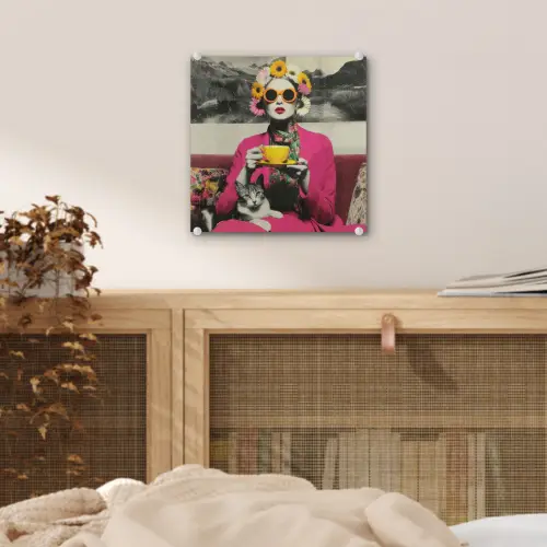 Vrouw - Kat - Bloemen - Kopje - Retro plexiglas 5mm klein -sfeer4
