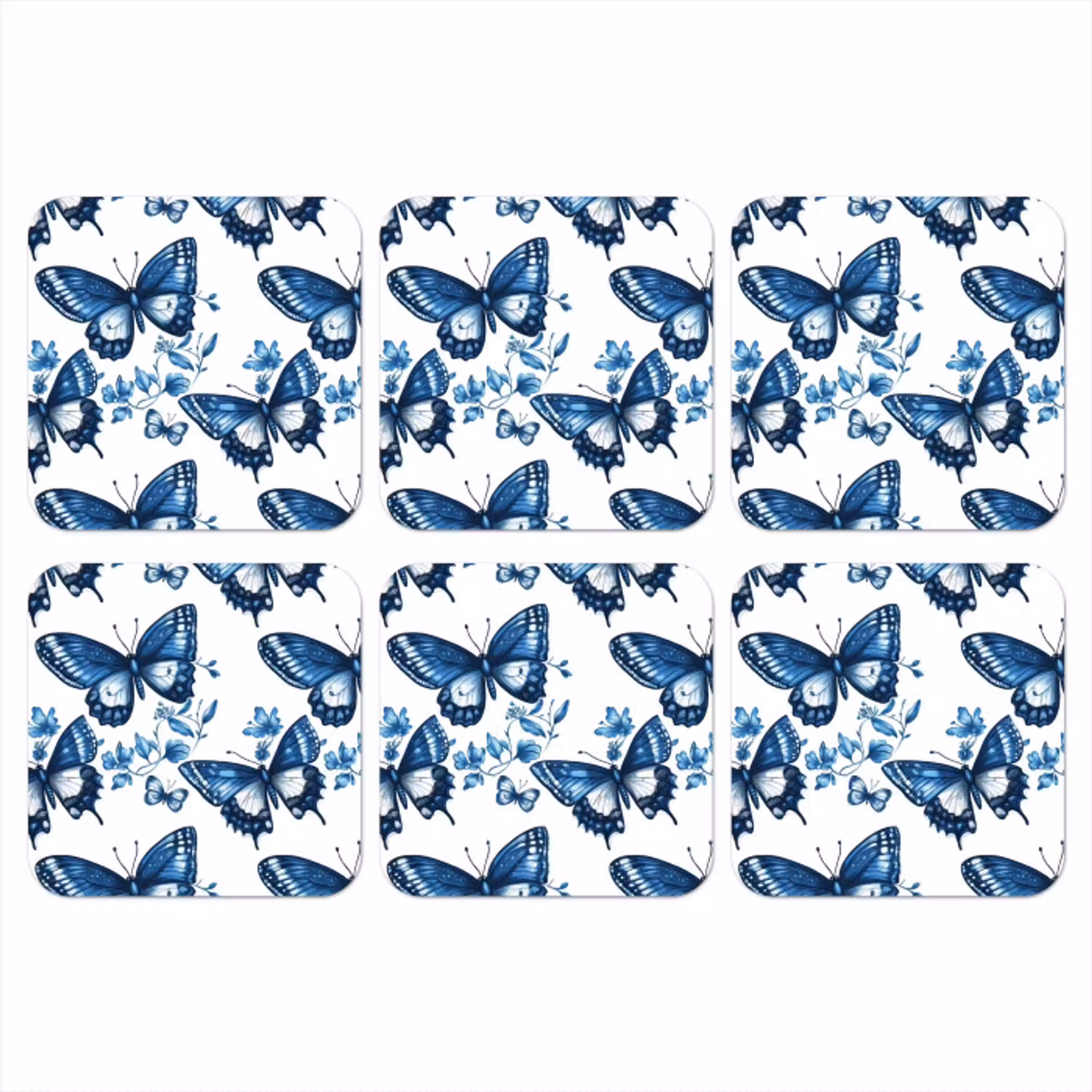 Blauw - Vlinders - Bloemen - Wit onderzetter kurk middel 366 -3d