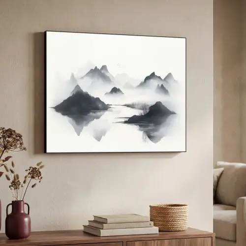 Bergen - Mistig - Water - Wit Textielframe - compleet frame klein -sfeer3