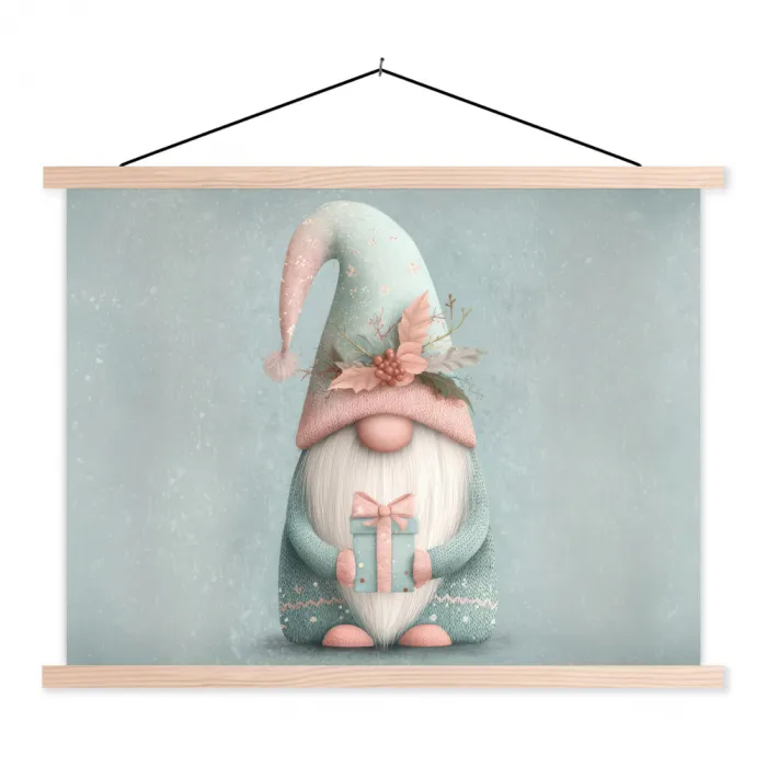 Kerstgnome - Cadeau - Groen textielposter latten blank klein -3d
