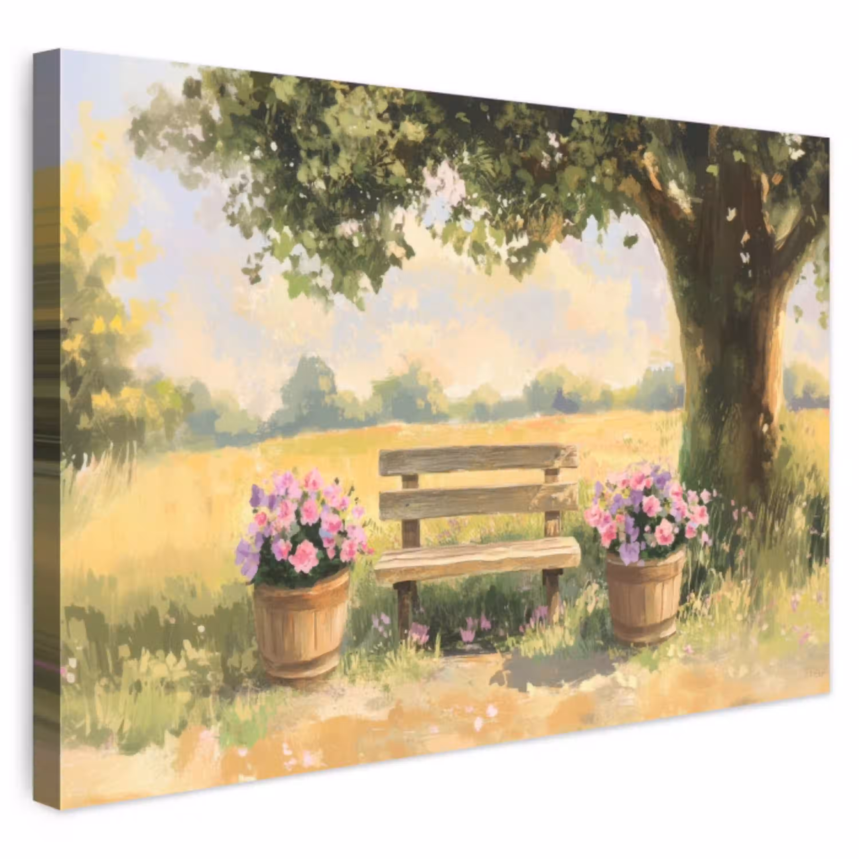 Houten bankje - Bloempotten - Landschap Tuinposter op houten frame 2 cm dik klein -3d