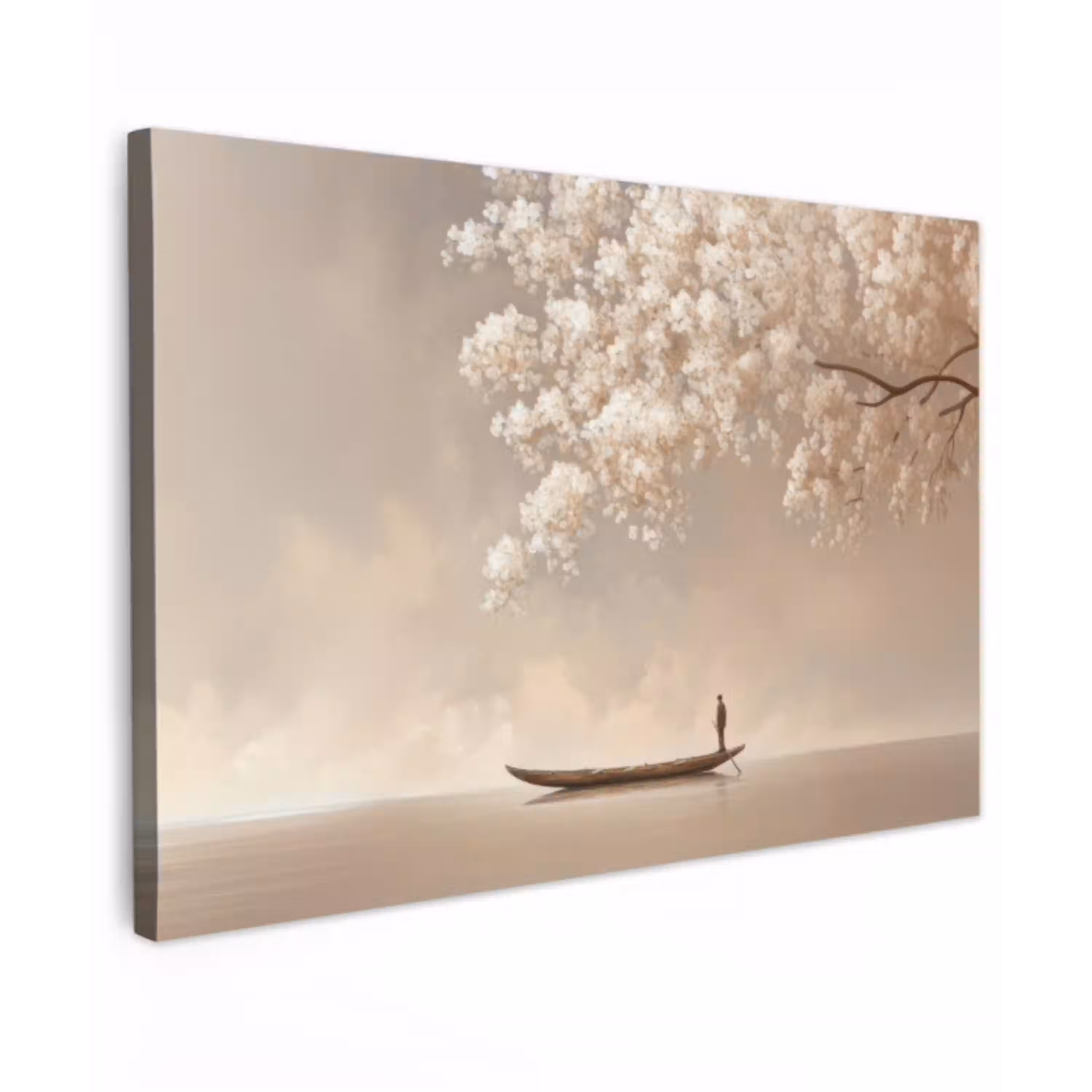 Bloesems - Wit - Boot - Minimalistisch Tuinposter op houten frame 2 cm dik klein -3d