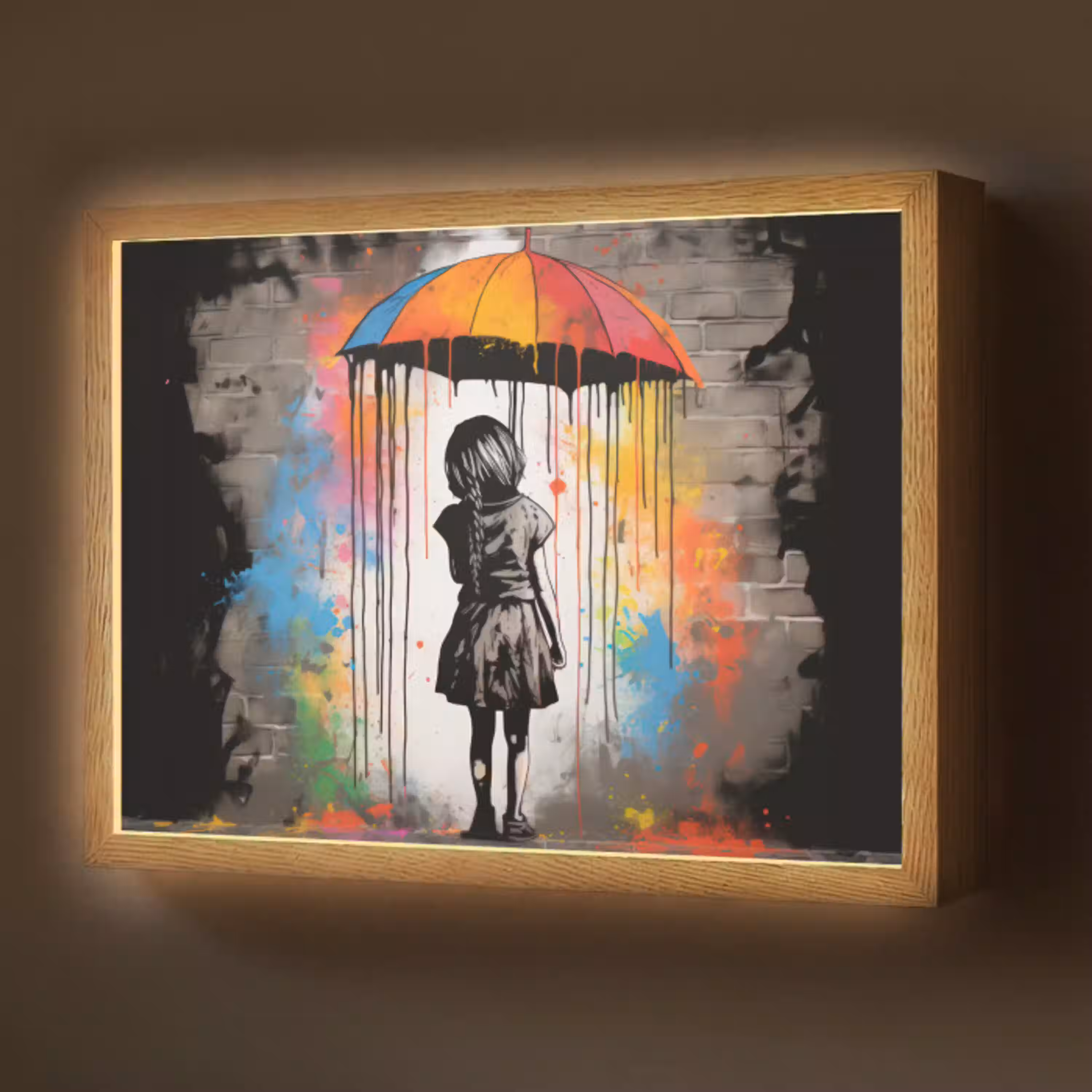 Meisje - Kunst - Paraplu - Graffiti - Kleuren - Muur Light Box met batterij (Wandlamp) middel -z3d_website