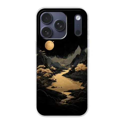 Gouden rivier - Bergen - Maan - Sterrenhemel Telefoonhoesje iPhone 17 Pro klein -3d