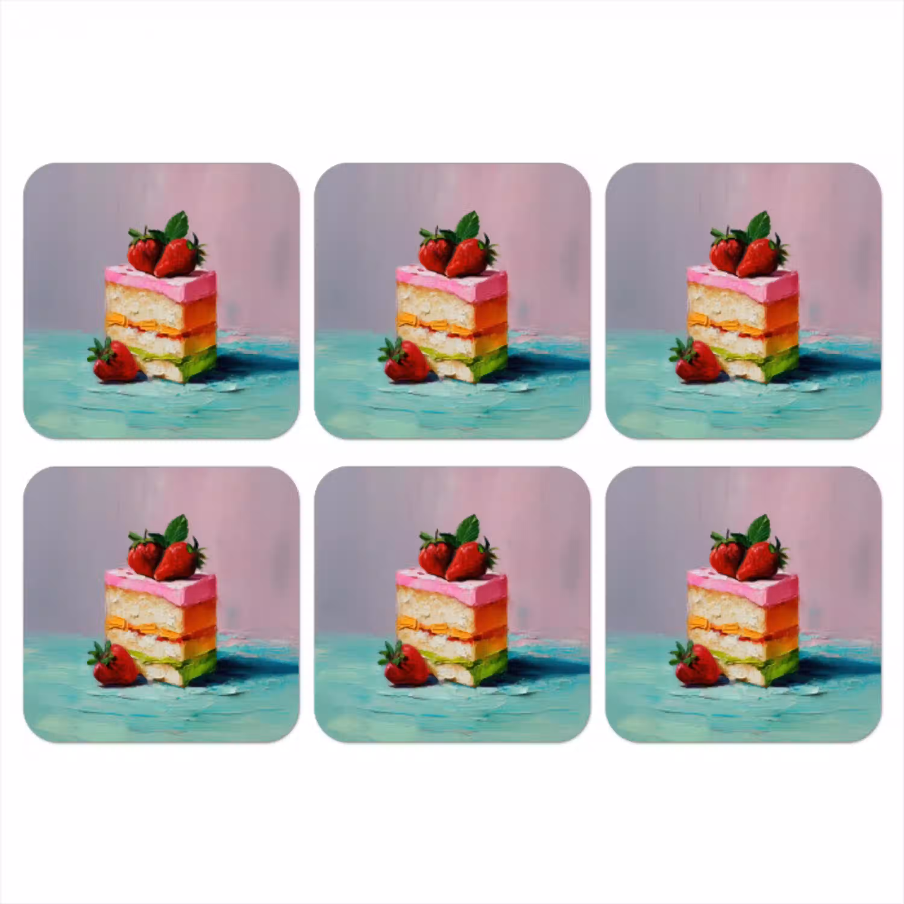 Taartje - Aardbeien - Glazuur - Kleurrijk onderzetter kurk middel -3d