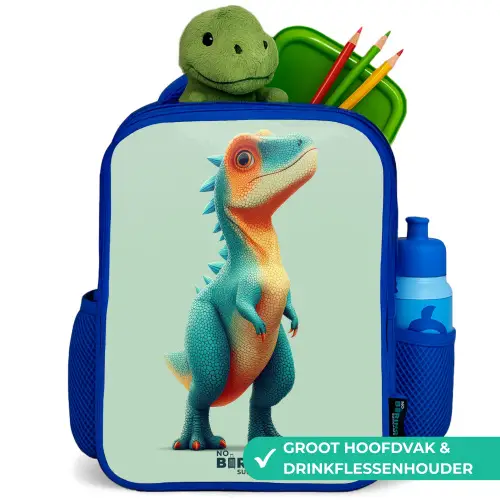 Stoere dino met grote ogen Kinderrugzak - Blauw middel -inhoud_NL