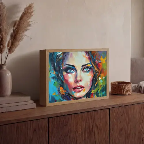 Gezicht - Vrouw - Olieverf - Kleurrijk - Kunst Light Box met batterij (Wandlamp) middel -sfeer2