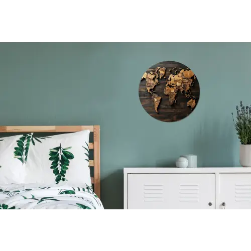 Wereldkaart -  Hout - Mozaïek Wandcirkel aluminium klein -slaapkamer