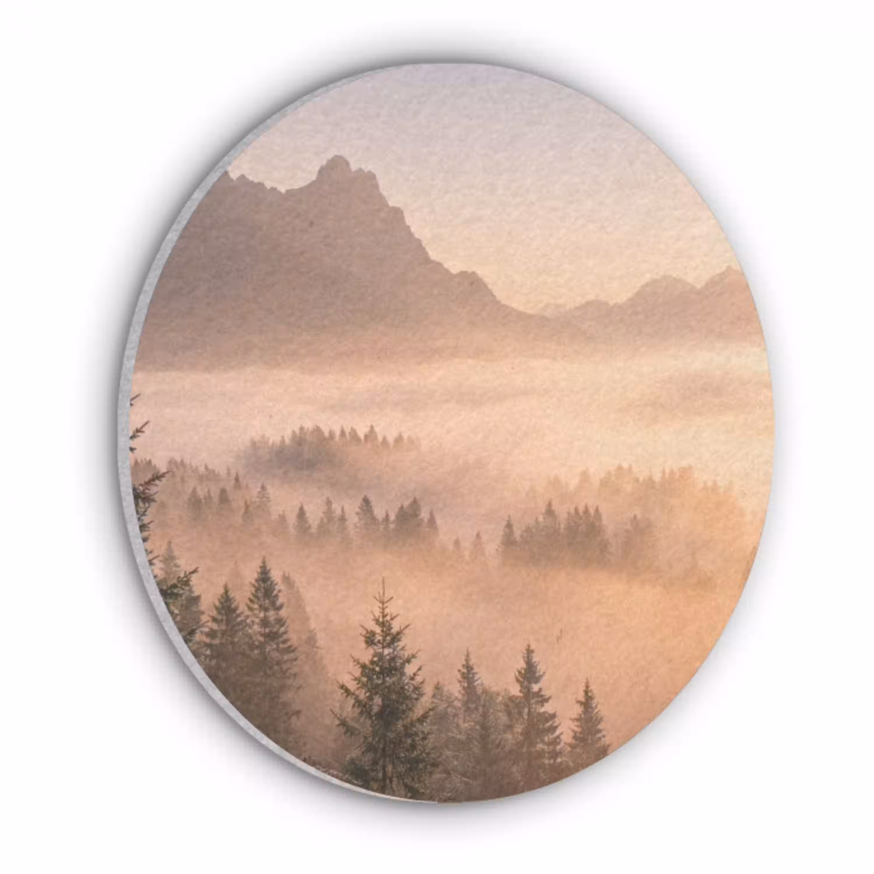 Zonlicht - Mist - Bergen - Bomen Akoestische PET Vilt - Rond klein -3d
