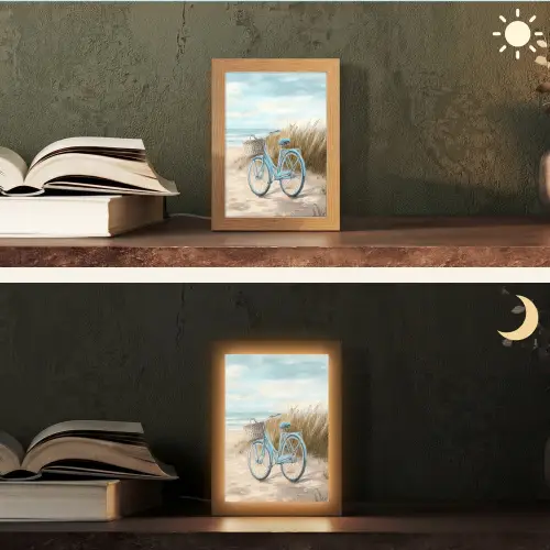 Strand - Zee - Fiets - Vintage - Bloemen Light Box met kabel (Tafellamp) klein -sfeer3