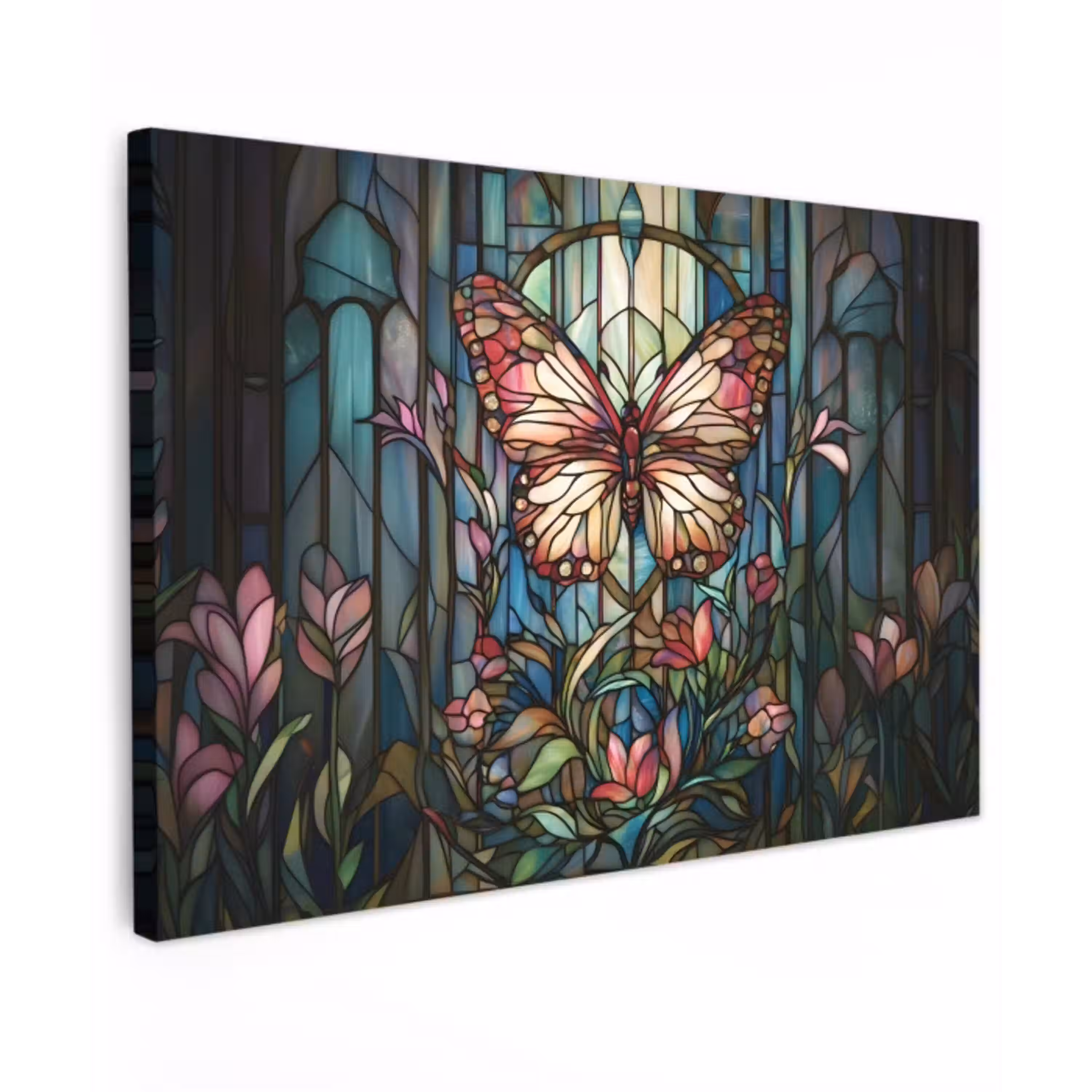Vlinder - Roze - Bloemen - Bladeren Tuinposter op houten frame 2 cm dik klein -3d