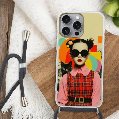 Meisje - Zonnebril - Kat - Retro Hoesje iPhone 16 Pro Max met koord klein -sfeer4