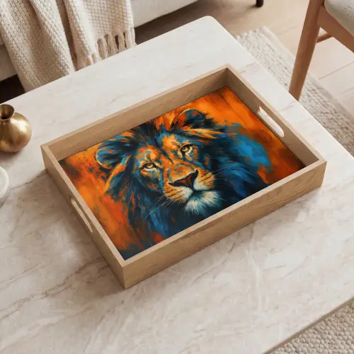 Schilderij - Leeuwenkop - Oranje Dienblad Rechthoek middel -sfeer1