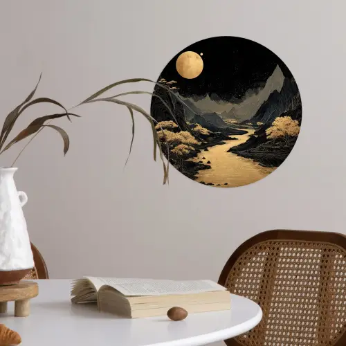 Gouden rivier - Bergen - Maan - Sterrenhemel Wandcirkel behangsticker klein -sfeer3