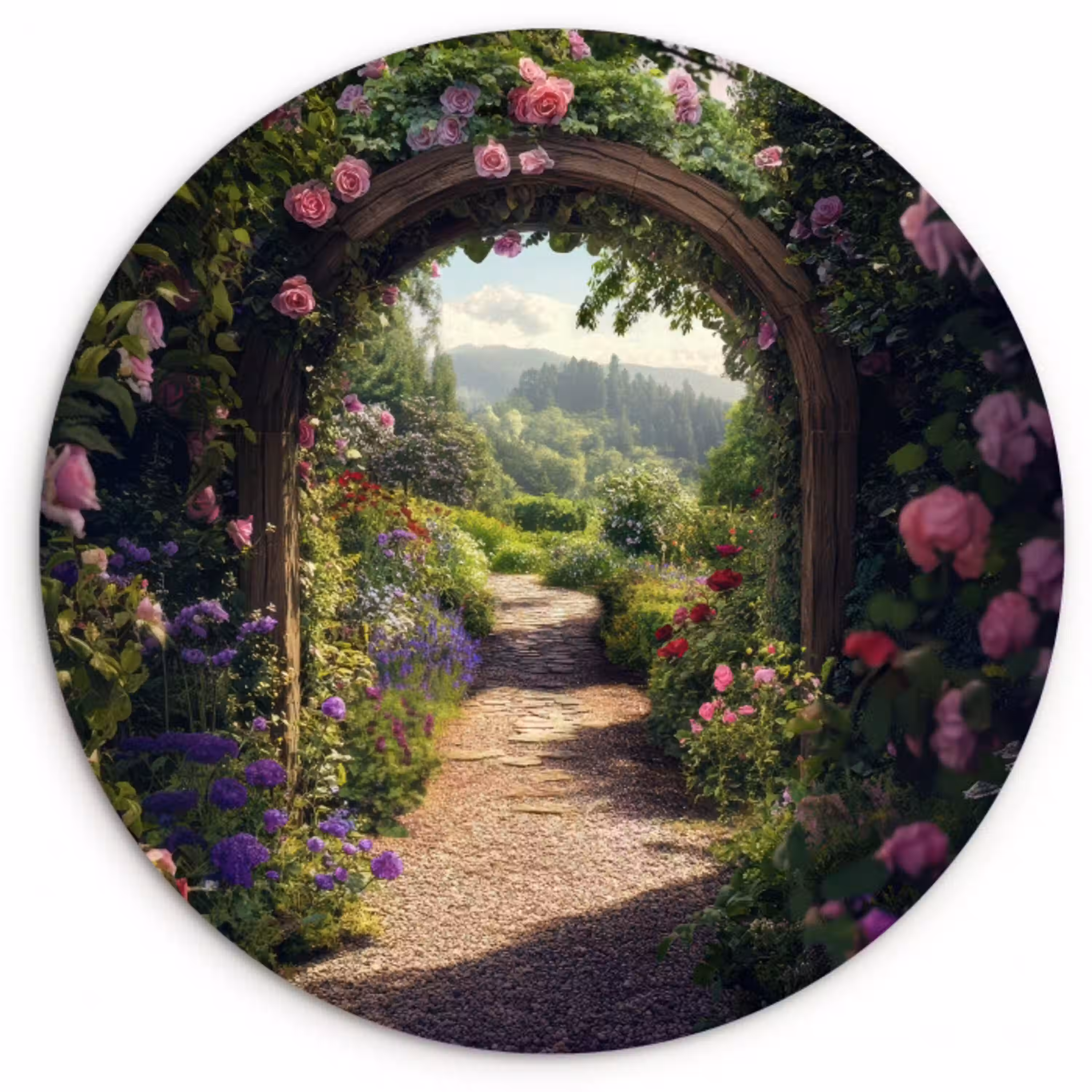 Doorkijk - Landschap - Bloemen - Rozenboog - Natuur Wandcirkel plexiglas klein -3d