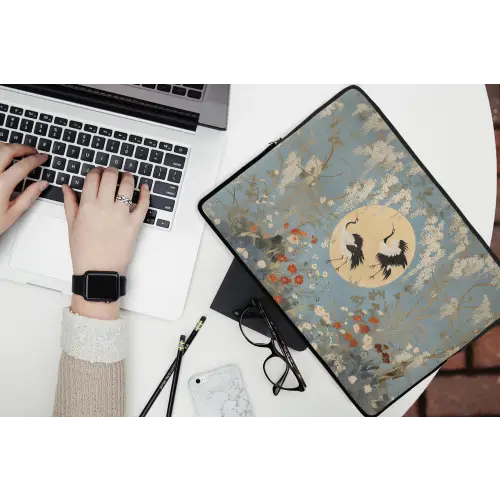 Kraanvogels - Maan - Bloemen - Blauw laptophoes neopreen klein -bureau