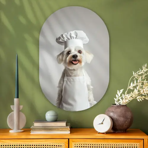 Hond - Wit - Kok Wandcirkel Ovaal Glas middel -sfeer2