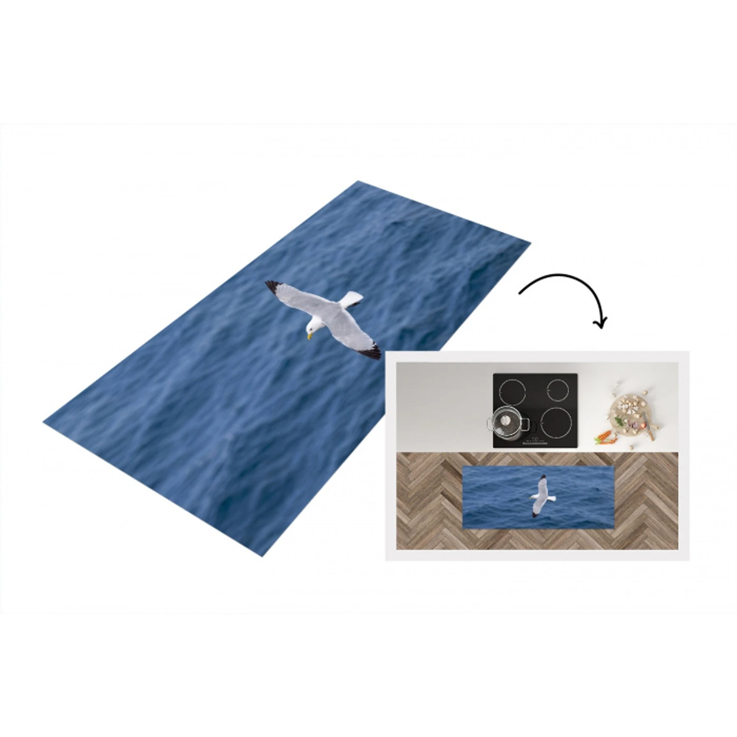 Zeemeeuw - Oceaan - Blauw Keukenloper - keukenmat middel -3d