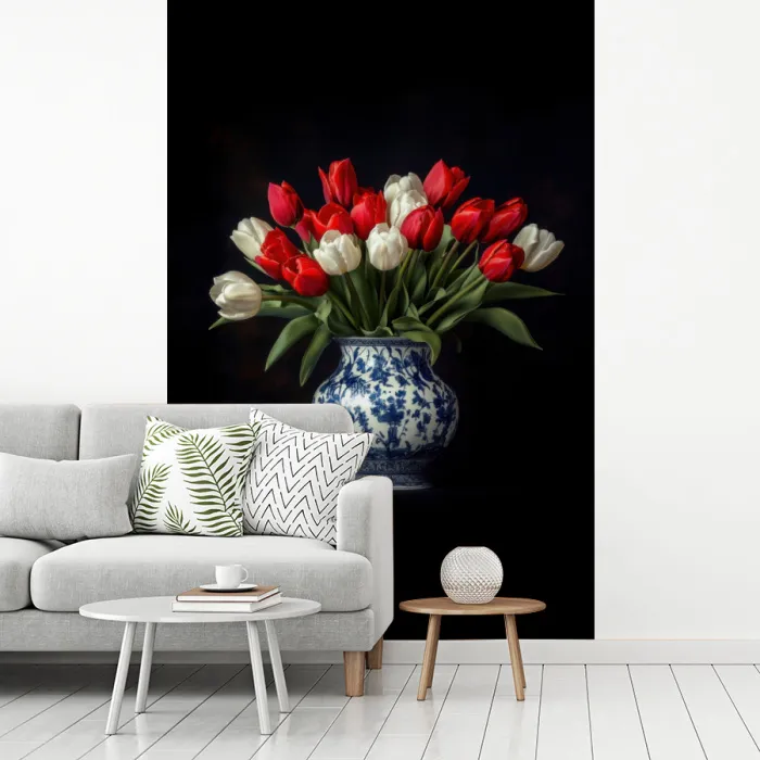Rode - Bloemen - Tulpen - Vaas fotobehang vinyl groot -woonkamer