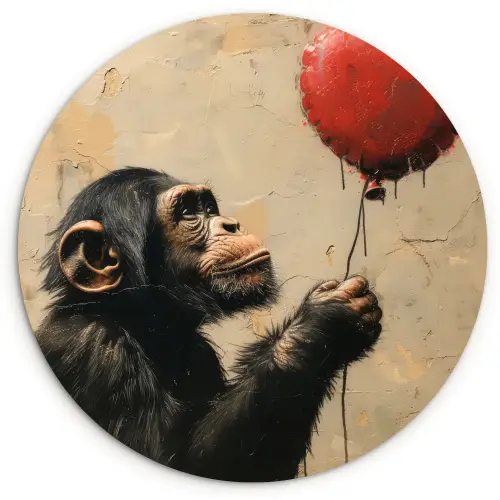 Street art - Chimpansee - Ballon - Graffiti - Banksy Wandcirkel kunststof plaat 5mm dik klein -3d