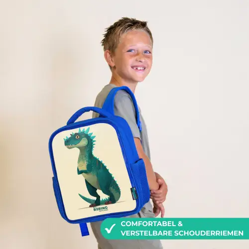 Spiky dino met vriendelijke blik Kinderrugzak - Blauw middel -sfeer3_NL