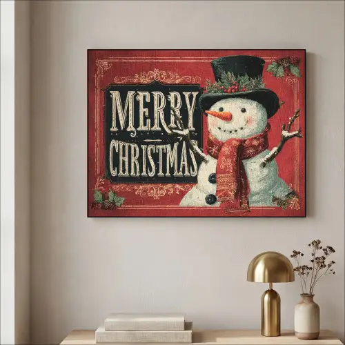 Klassiek - Kerstgroet - Sneeuwpop - Rood Textielframe zwart klein -sfeer2
