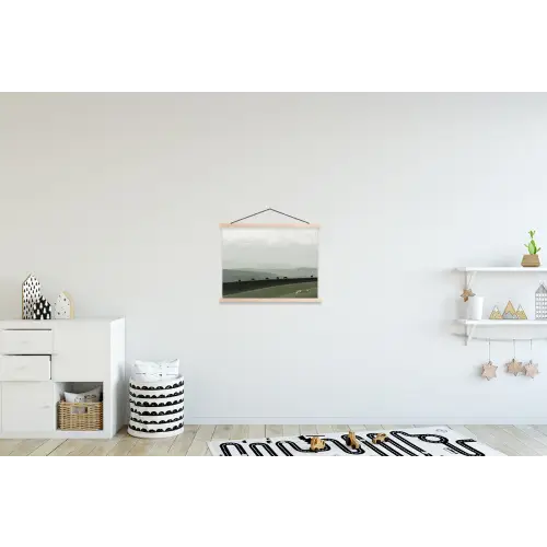 Grijs - Berg - Paarden textielposter latten blank klein -kinderkamer