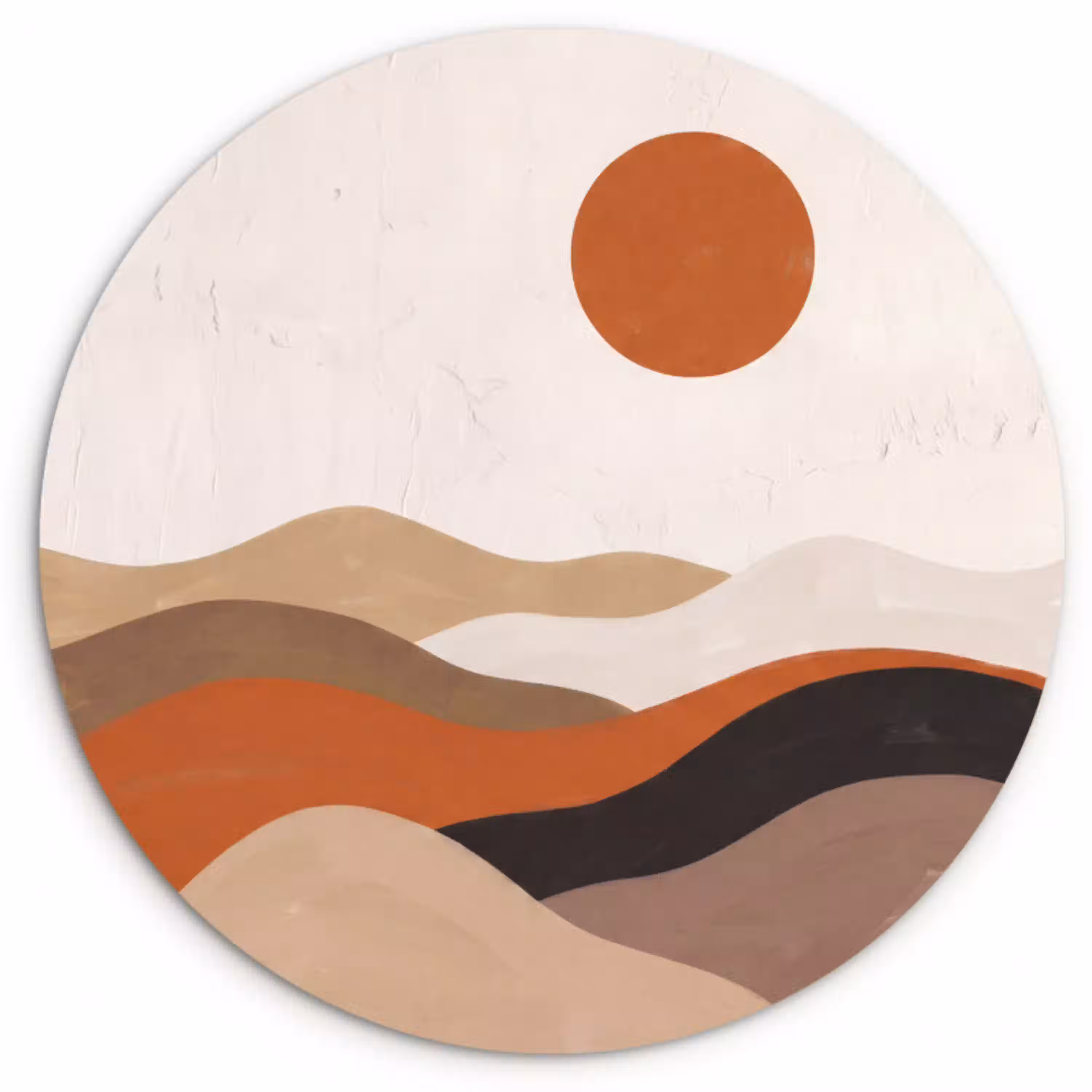 Landschap - Heuvels - Zon - Abstract - Oranje Wandcirkel kunststof plaat 5mm dik klein -3d