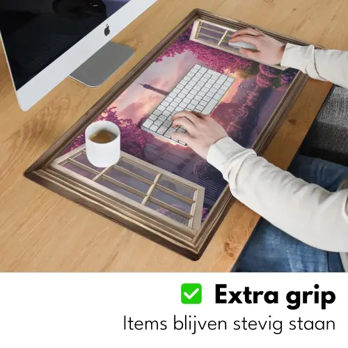Doorkijk - Parijs - Eiffeltoren - Roze - Kersenbloesem Muismat XXL klein -sfeer3