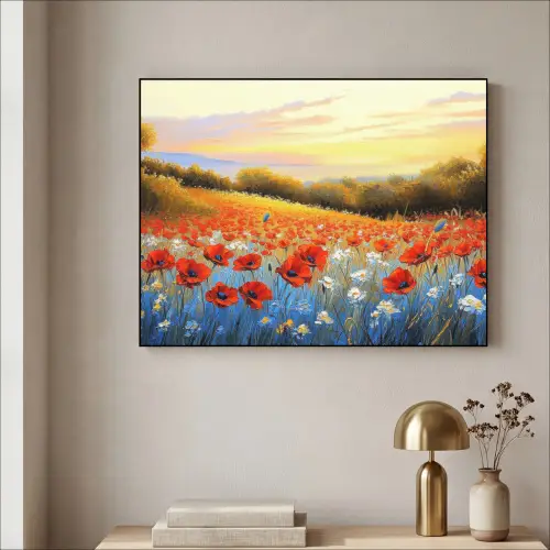 Klaproos - Bloemenveld - Kleurrijk Textielframe zwart klein -sfeer2
