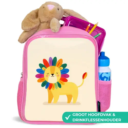 Leeuw - Kleurrijke manen - Beige Kinderrugzak - Roze middel -inhoud_NL