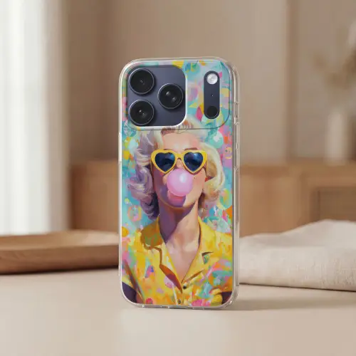 Vrouw - Blond - Roze kauwgom - Kleurrijk - Pastel Telefoonhoesje iPhone 17 Pro klein -sfeer2