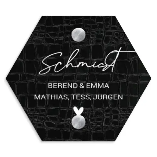 Zwart krokodillenleertextuur - Sierlijk Naambord Hexagon klein -3d