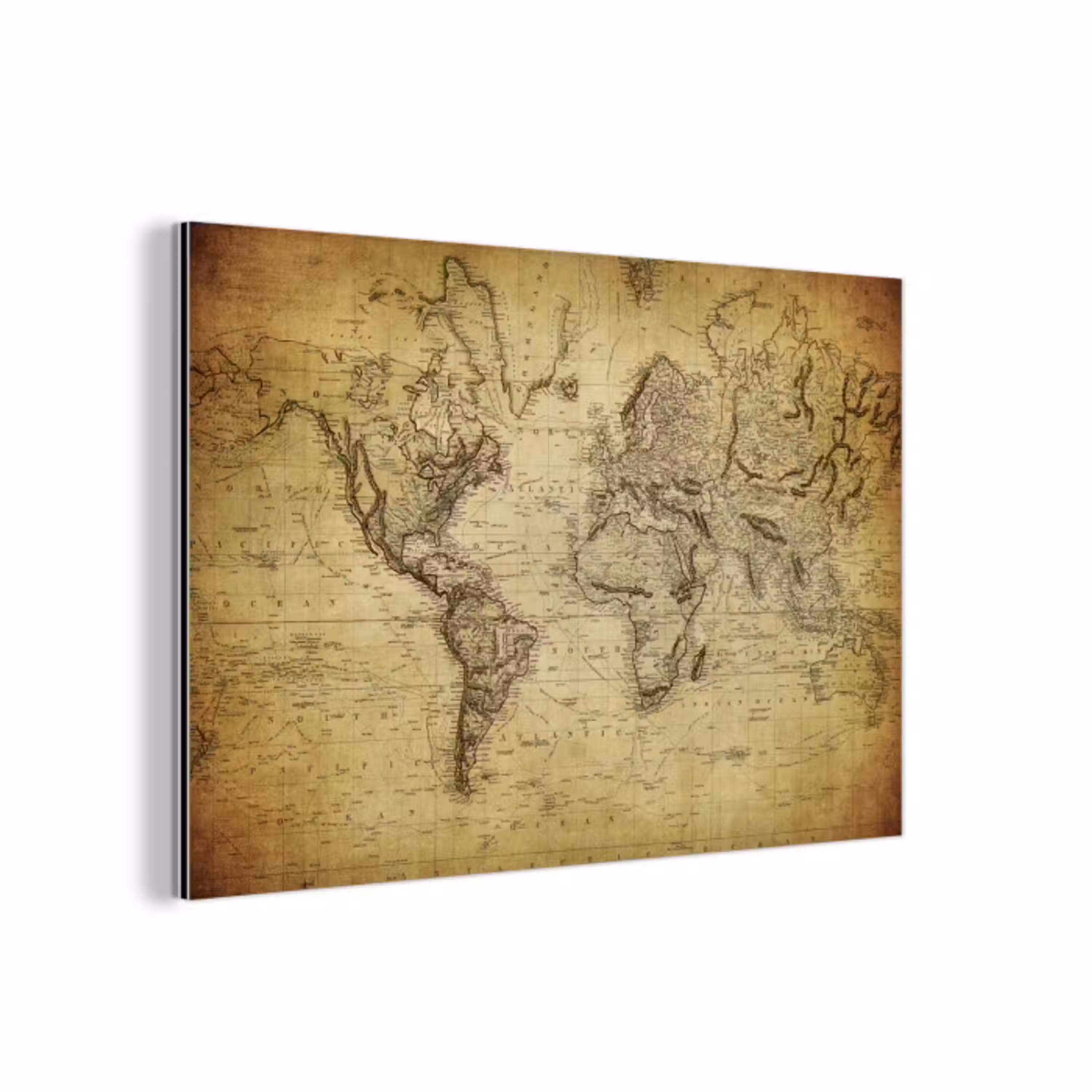 Wereldkaart - Vintage - Antiek - Bruin - Papier aluminium wit klein -3d