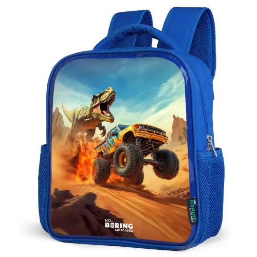 Vluchtende truck voor T-Rex in vurige woestijn Kinderrugzak - Blauw middel -schuin