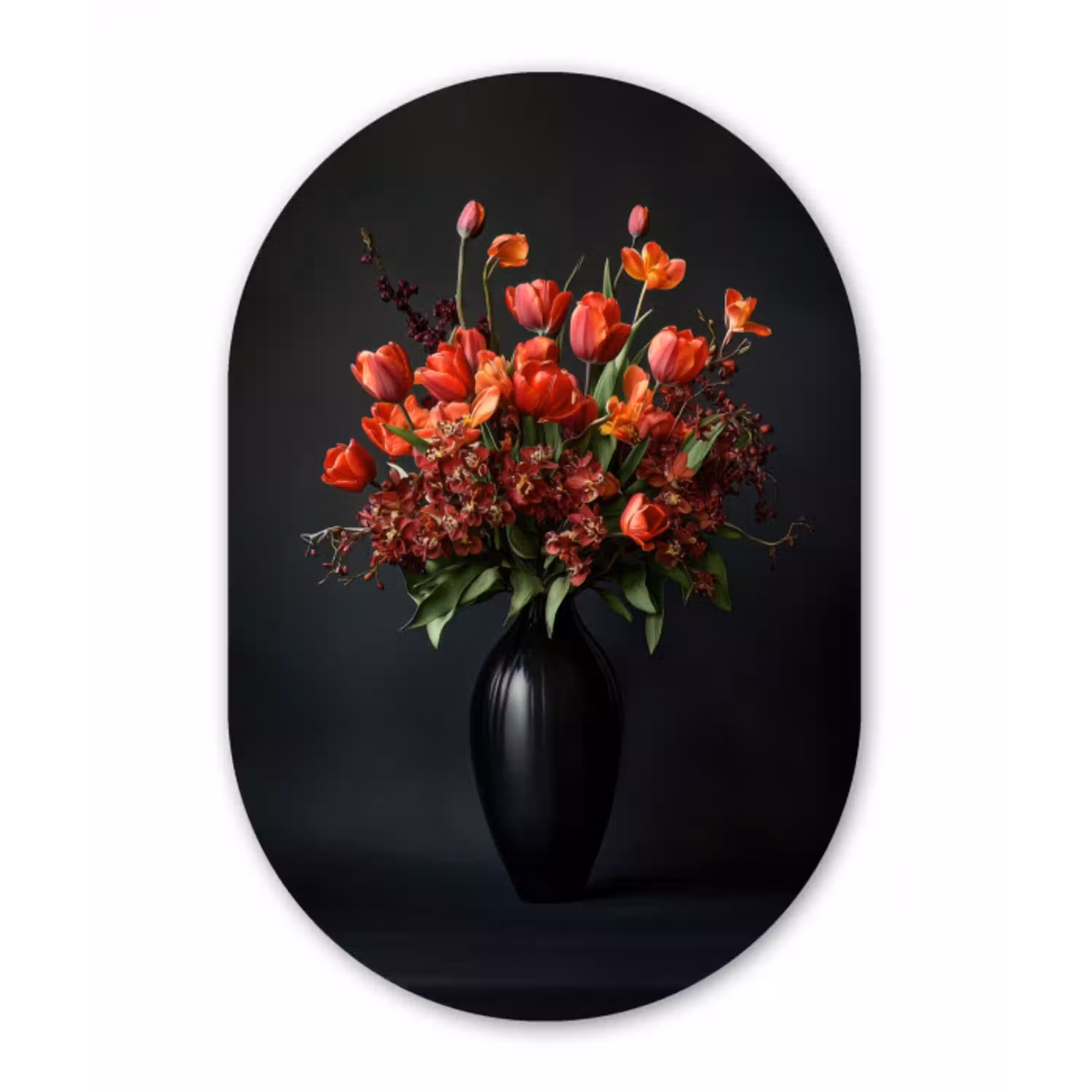 Boeket - Tulpen - Vaas - Rood Wandcirkel Ovaal Glas middel -3d