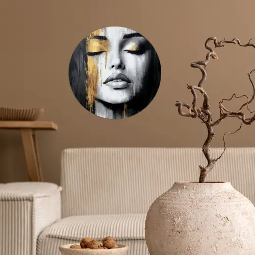 Gezicht - Vrouw - Penseelstreken - Abstract Wandcirkel behangsticker klein -sfeer1