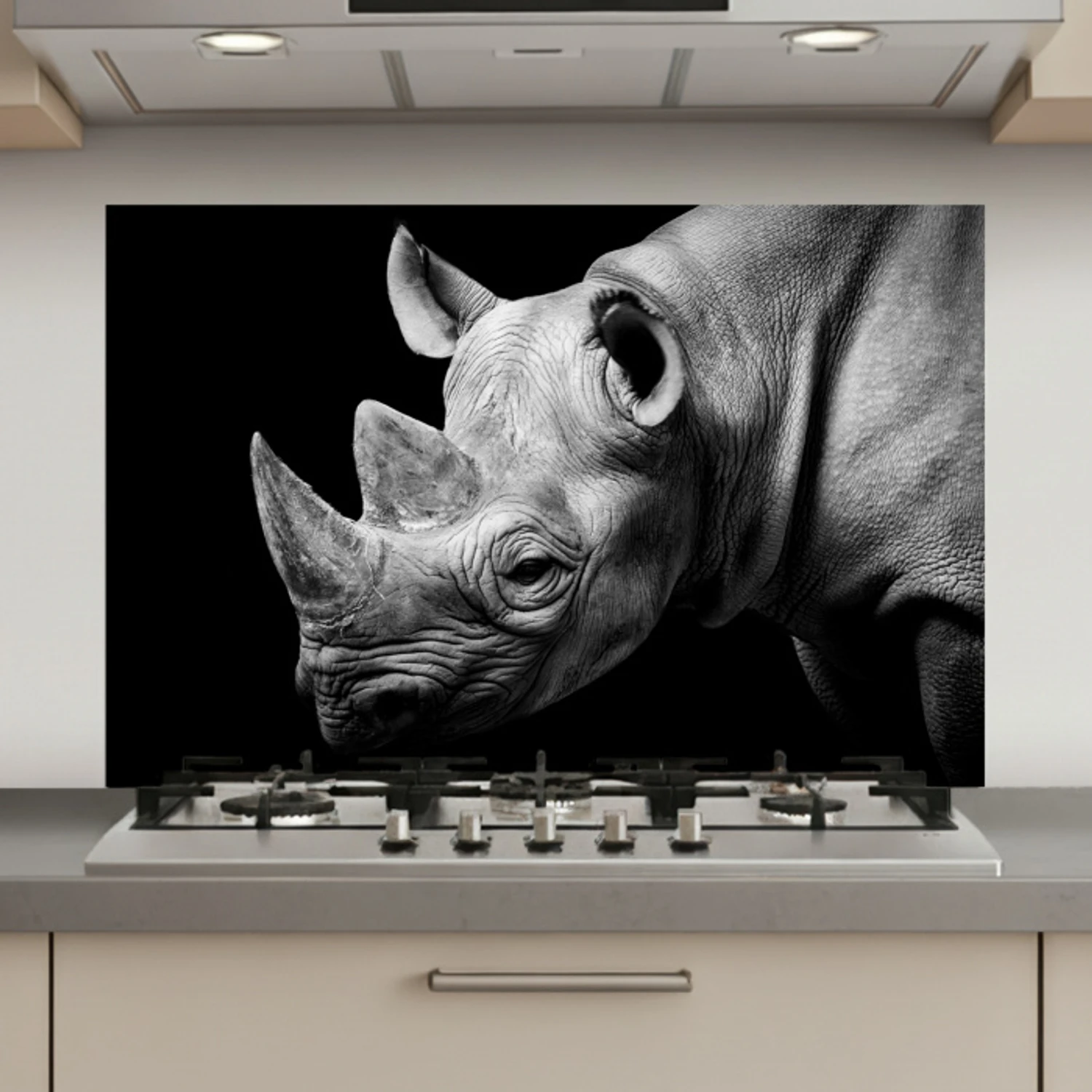 Dieren - Neushoorn - Zwart - Wit - Portret keuken achterwand spatscherm klein -3d_website