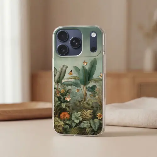 Tropisch bladerdek - Vlinders - groen - Bruin Telefoonhoesje iPhone 17 Pro klein -sfeer2