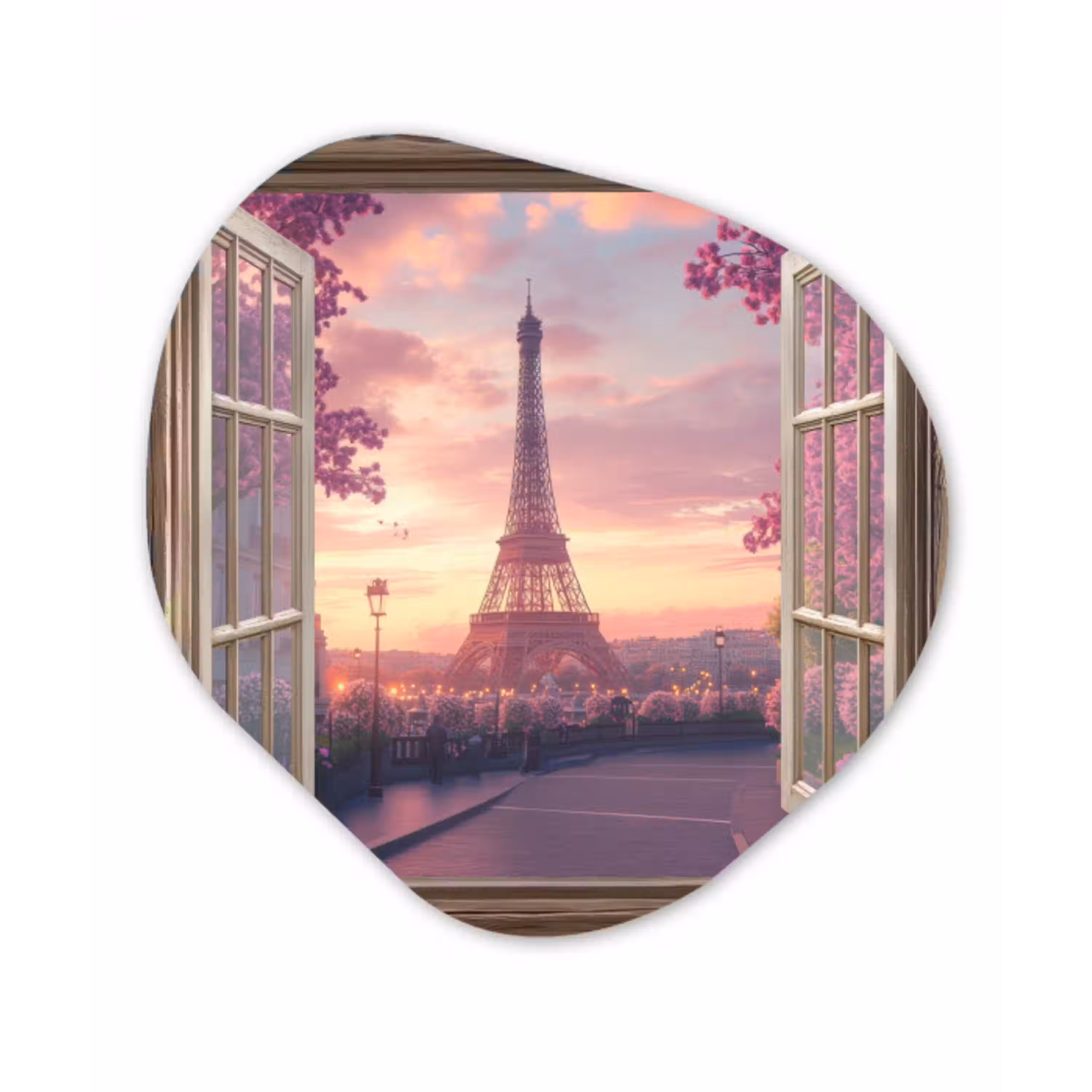 Doorkijk - Parijs - Eiffeltoren - Roze - Kersenbloesem Wandcirkel Organisch Aluminium middel -3d