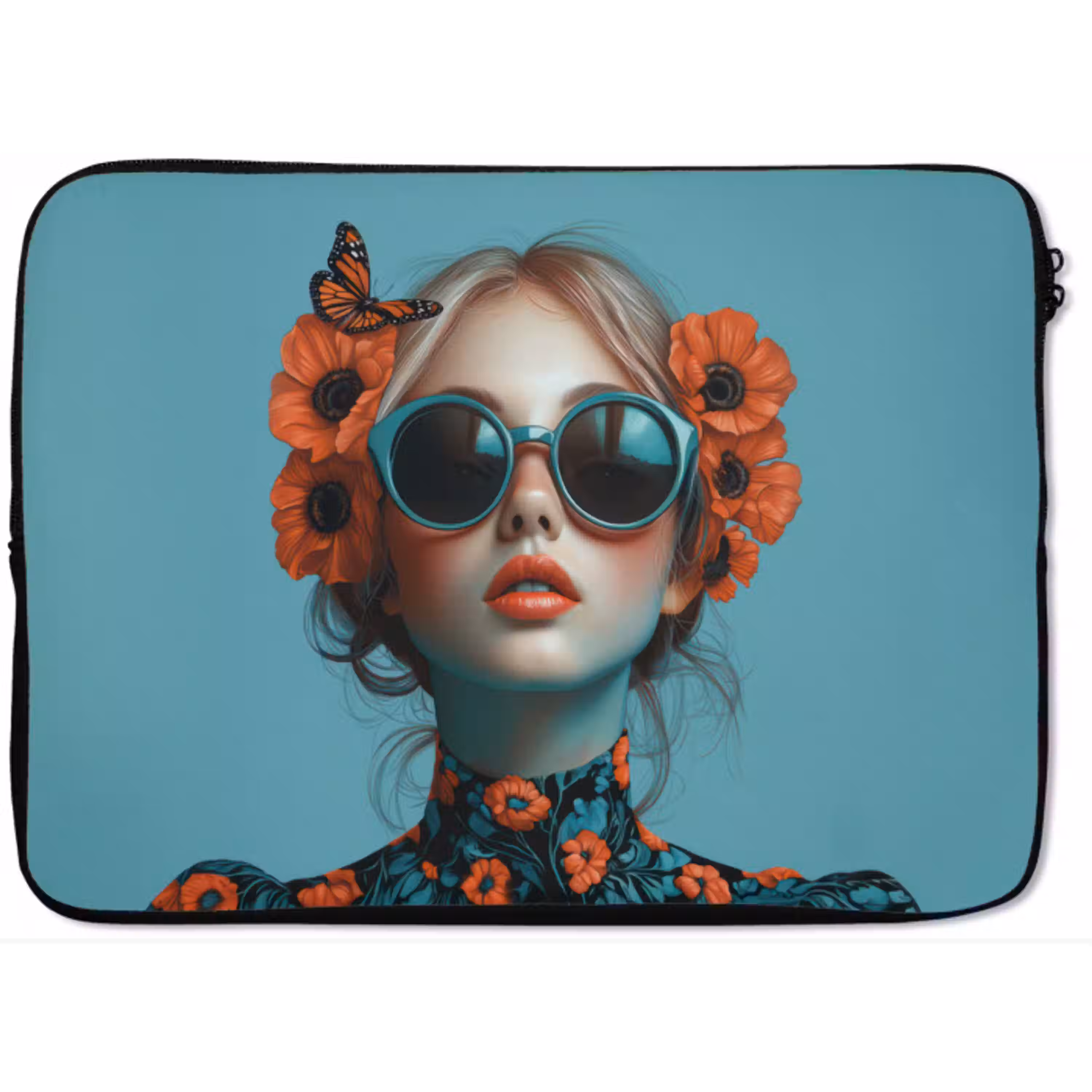 Vrouw - Blauw - Vlinder - Bloemen - Aesthetic laptophoes neopreen klein -zkaufland3dotto