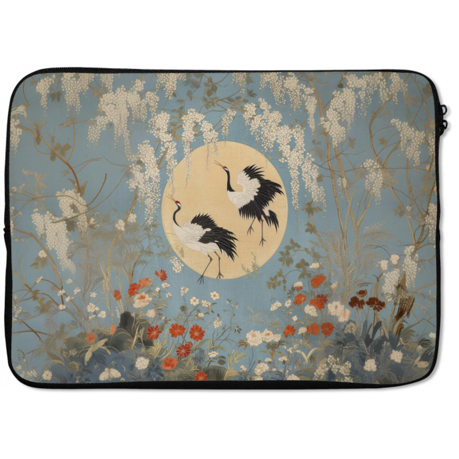 Kraanvogels - Maan - Bloemen - Blauw laptophoes neopreen klein -zkaufland3dotto