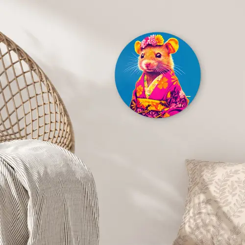 Muis - Kimono - Bloemen - Blauw Wandcirkel plexiglas klein -sfeer5