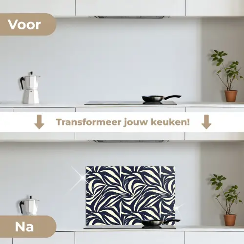 Bladvormen - Blauw - Patroon - Wit keuken achterwand spatscherm klein 900 -voor_na_NL